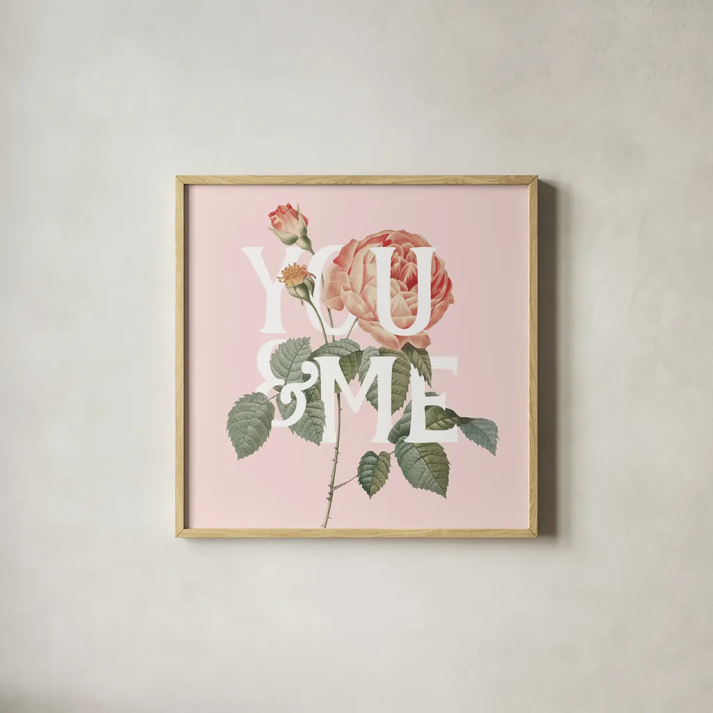 Botanical Pink Rose II You by Wild Apple Portfolio. Shown in a natural wood glass frame for a timeless modern aesthetic. Available as an archival giclee rolled canvas, fine art paper, or poster print. SKU 53889a.