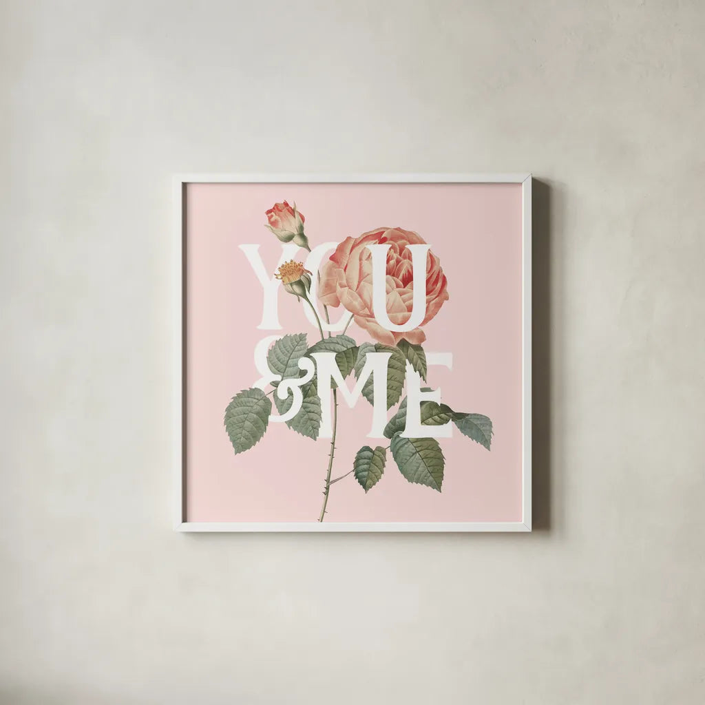 Botanical Pink Rose II You by Wild Apple Portfolio. Shown in a crisp white glass frame for a clean and minimalist style. Available as an archival giclee rolled canvas, fine art paper, or poster print. SKU 53889a.