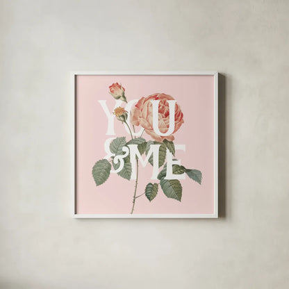 Botanical Pink Rose II You by Wild Apple Portfolio. Shown in a crisp white glass frame for a clean and minimalist style. Available as an archival giclee rolled canvas, fine art paper, or poster print. SKU 53889a.