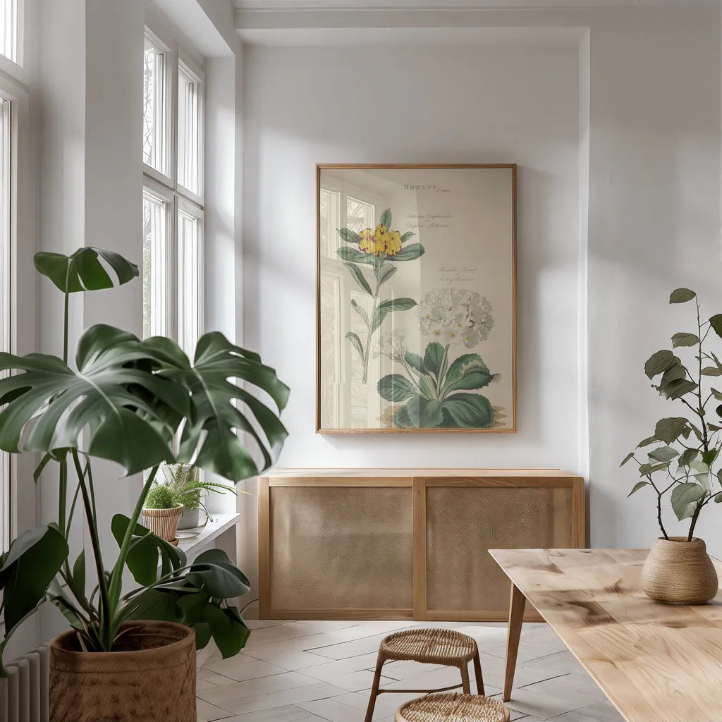 Botanical Print II by Wild Apple Portfolio. shown as a print in a natural wood frame in a dining room. Available as a archival giclee rolled canvas, fine art paper, or poster print. SKU 68202h.