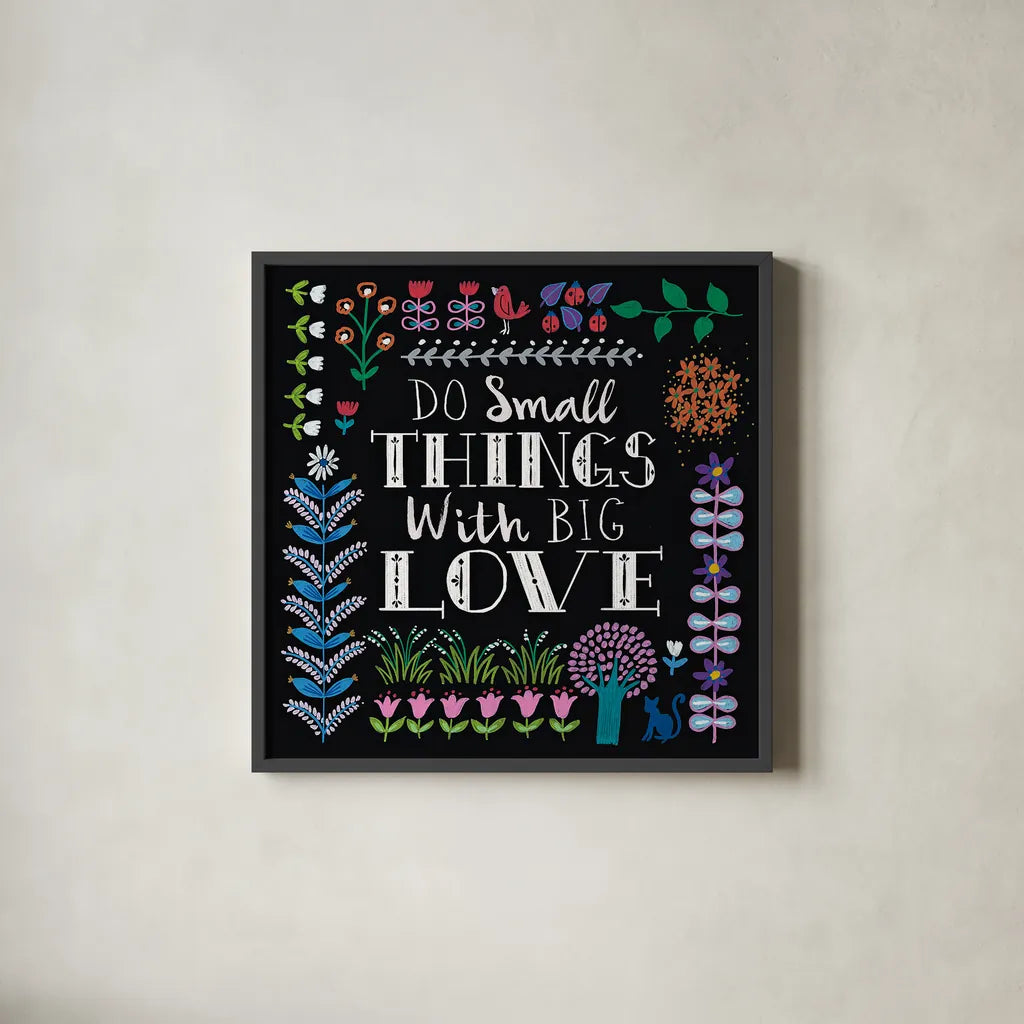 Bright Folklore Inspiration I by Wild Apple Portfolio. Shown in a sleek black glass frame for a contemporary gallery look. Available as an archival giclee rolled canvas, fine art paper, or poster print. SKU 28539a.