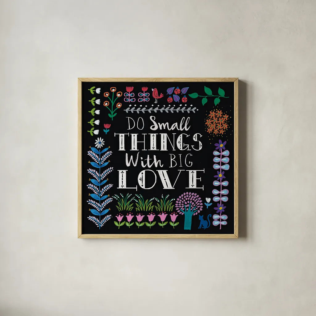 Bright Folklore Inspiration I by Wild Apple Portfolio. Shown in a natural wood glass frame for a timeless modern aesthetic. Available as an archival giclee rolled canvas, fine art paper, or poster print. SKU 28539a.