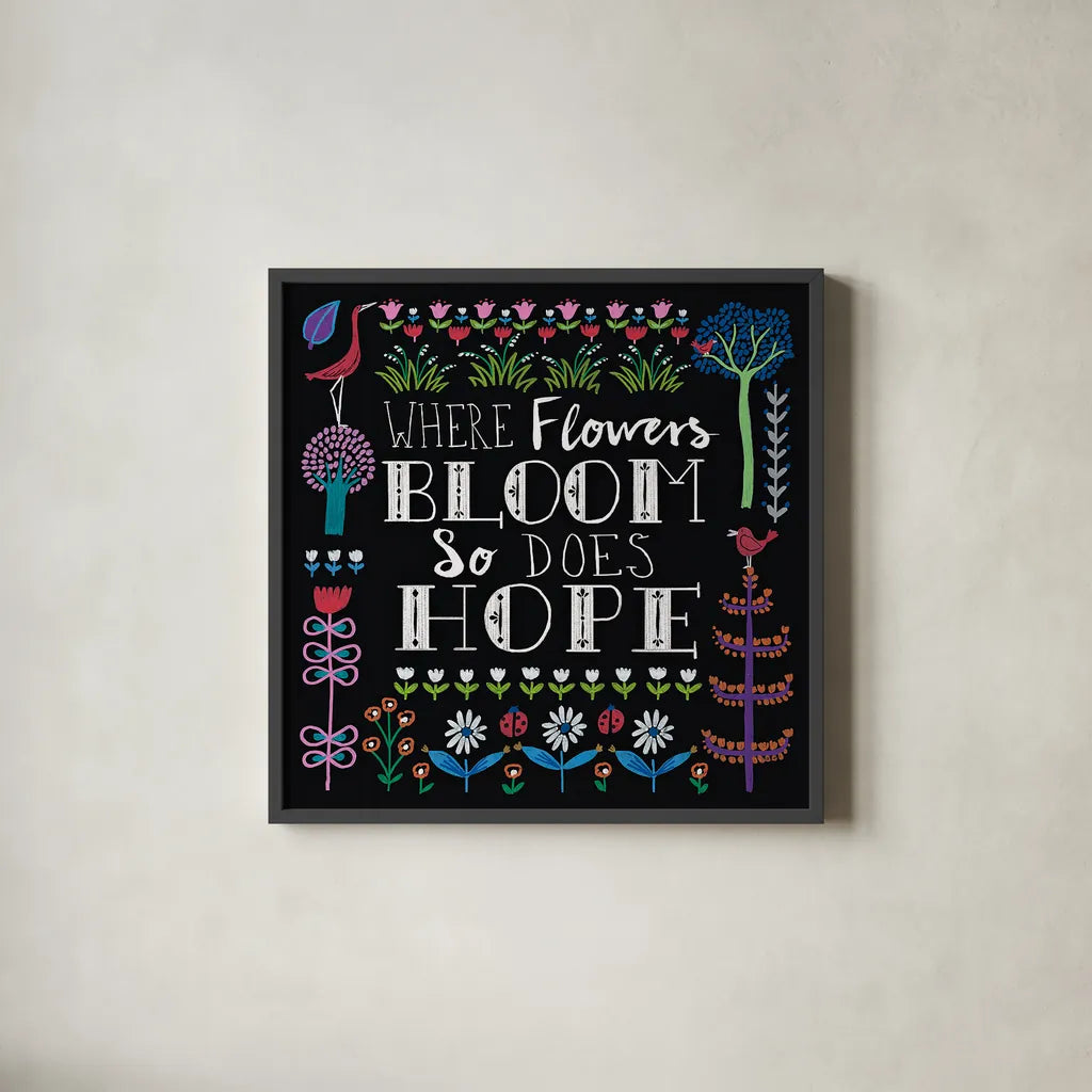 Bright Folklore Inspiration II by Wild Apple Portfolio. Shown in a sleek black glass frame for a contemporary gallery look. Available as an archival giclee rolled canvas, fine art paper, or poster print. SKU 28540a.