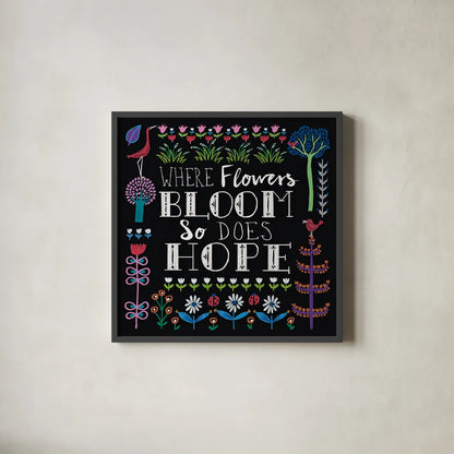 Bright Folklore Inspiration II by Wild Apple Portfolio. Shown in a sleek black glass frame for a contemporary gallery look. Available as an archival giclee rolled canvas, fine art paper, or poster print. SKU 28540a.