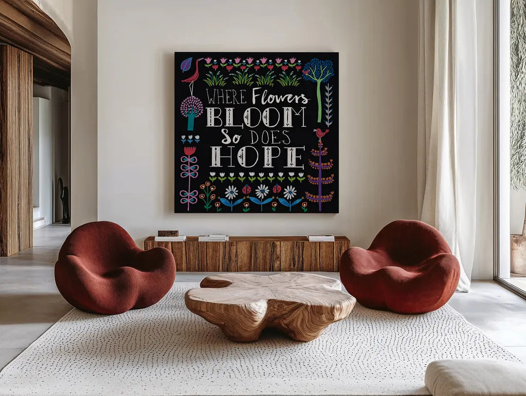 Bright Folklore Inspiration II by Wild Apple Portfolio. Shown as extra-large giant wall art in a modern living room. Available as an archival giclee rolled canvas, fine art paper, or poster print. SKU 28540a.
