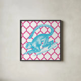 Bright Menagerie Monkey by Wild Apple Portfolio. Shown in a sleek black glass frame for a contemporary gallery look. Available as an archival giclee rolled canvas, fine art paper, or poster print. SKU 25685a.