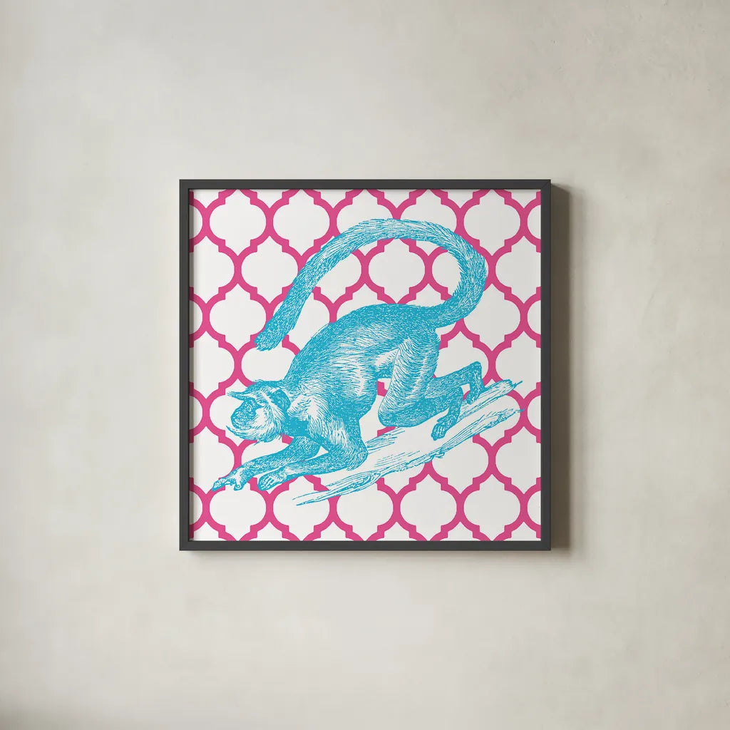 Bright Menagerie Monkey by Wild Apple Portfolio. Shown in a sleek black glass frame for a contemporary gallery look. Available as an archival giclee rolled canvas, fine art paper, or poster print. SKU 25685a.