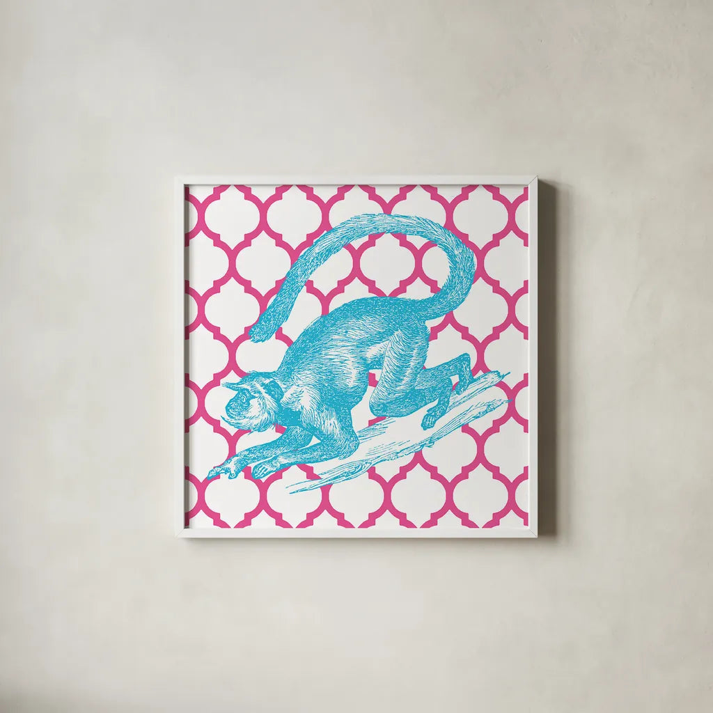 Bright Menagerie Monkey by Wild Apple Portfolio. Shown in a crisp white glass frame for a clean and minimalist style. Available as an archival giclee rolled canvas, fine art paper, or poster print. SKU 25685a.