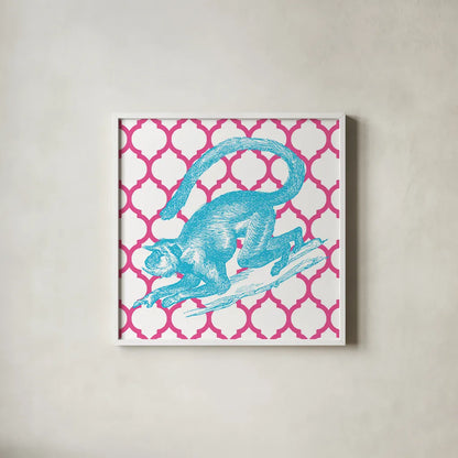 Bright Menagerie Monkey by Wild Apple Portfolio. Shown in a crisp white glass frame for a clean and minimalist style. Available as an archival giclee rolled canvas, fine art paper, or poster print. SKU 25685a.