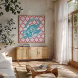 Bright Menagerie Monkey by Wild Apple Portfolio. Shown in a natural wood frame in a cozy modern living room. Available as an archival giclee rolled canvas, fine art paper, or poster print. SKU 25685a.