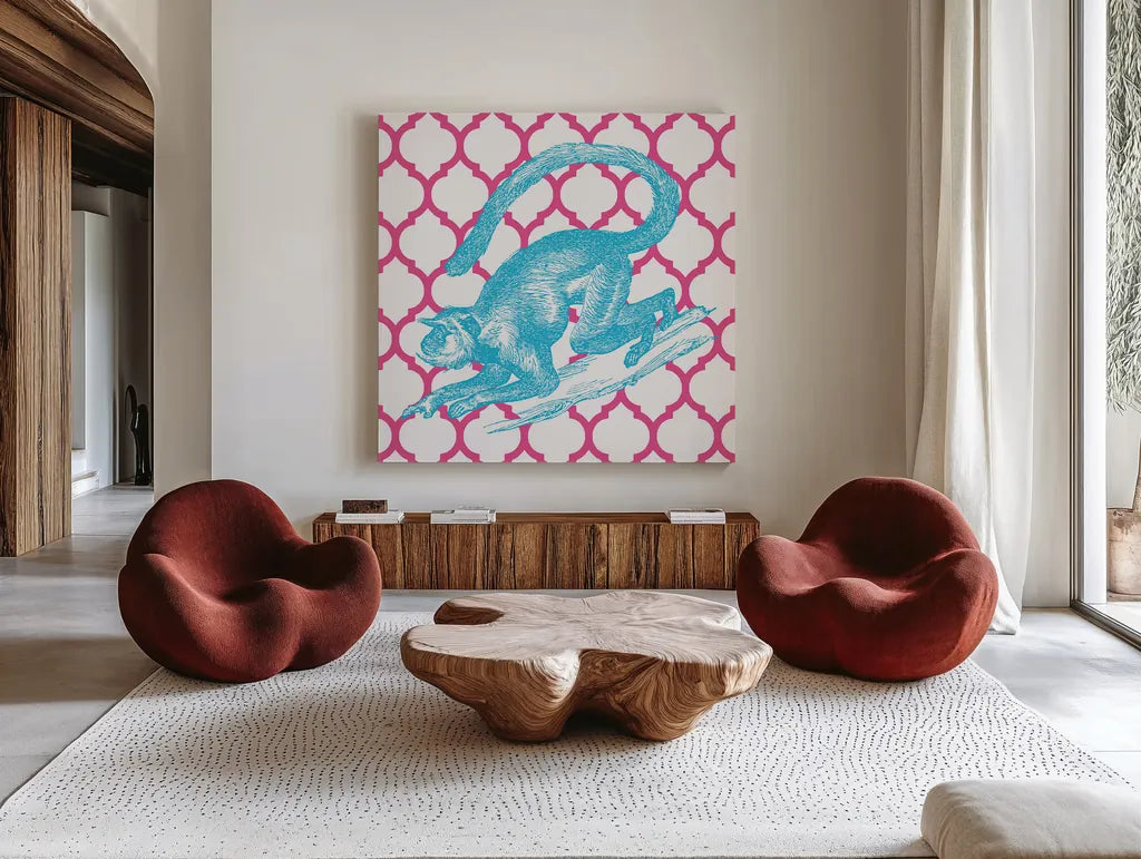 Bright Menagerie Monkey by Wild Apple Portfolio. Shown as extra-large giant wall art in a modern living room. Available as an archival giclee rolled canvas, fine art paper, or poster print. SKU 25685a.