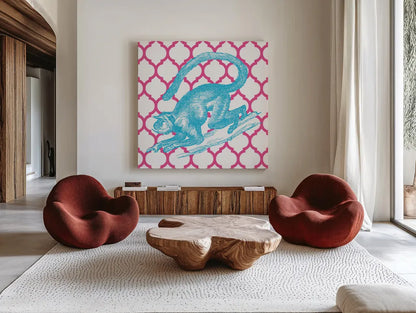 Bright Menagerie Monkey by Wild Apple Portfolio. Shown as extra-large giant wall art in a modern living room. Available as an archival giclee rolled canvas, fine art paper, or poster print. SKU 25685a.