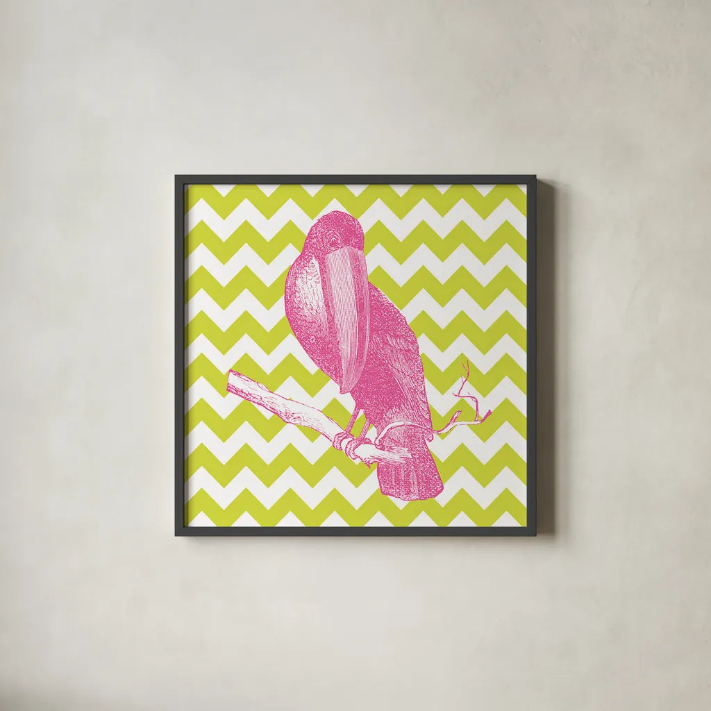 Bright Menagerie Toucan by Wild Apple Portfolio. Shown in a sleek black glass frame for a contemporary gallery look. Available as an archival giclee rolled canvas, fine art paper, or poster print. SKU 25686a.