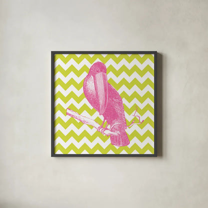 Bright Menagerie Toucan by Wild Apple Portfolio. Shown in a sleek black glass frame for a contemporary gallery look. Available as an archival giclee rolled canvas, fine art paper, or poster print. SKU 25686a.