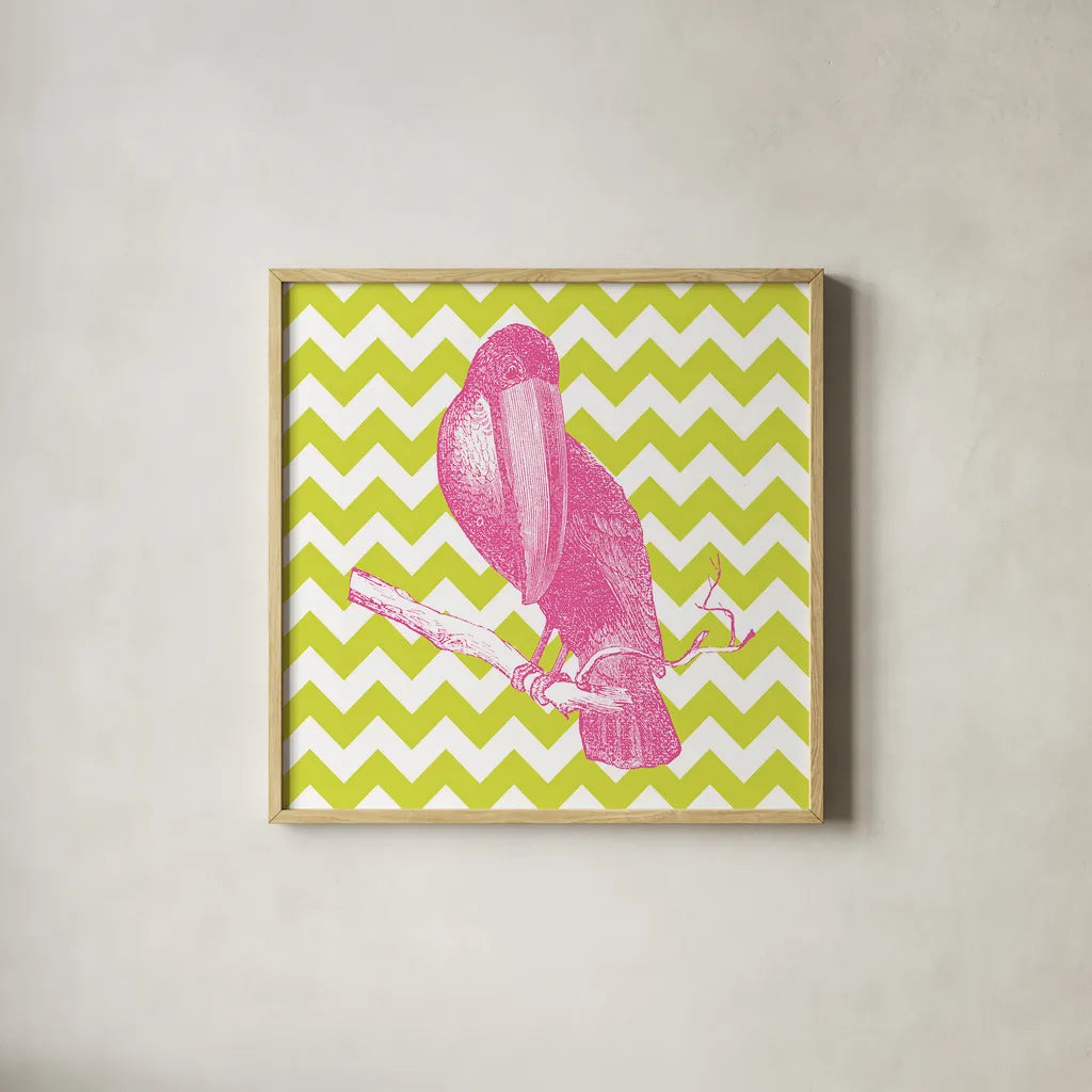 Bright Menagerie Toucan by Wild Apple Portfolio. Shown in a natural wood glass frame for a timeless modern aesthetic. Available as an archival giclee rolled canvas, fine art paper, or poster print. SKU 25686a.