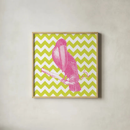 Bright Menagerie Toucan by Wild Apple Portfolio. Shown in a natural wood glass frame for a timeless modern aesthetic. Available as an archival giclee rolled canvas, fine art paper, or poster print. SKU 25686a.