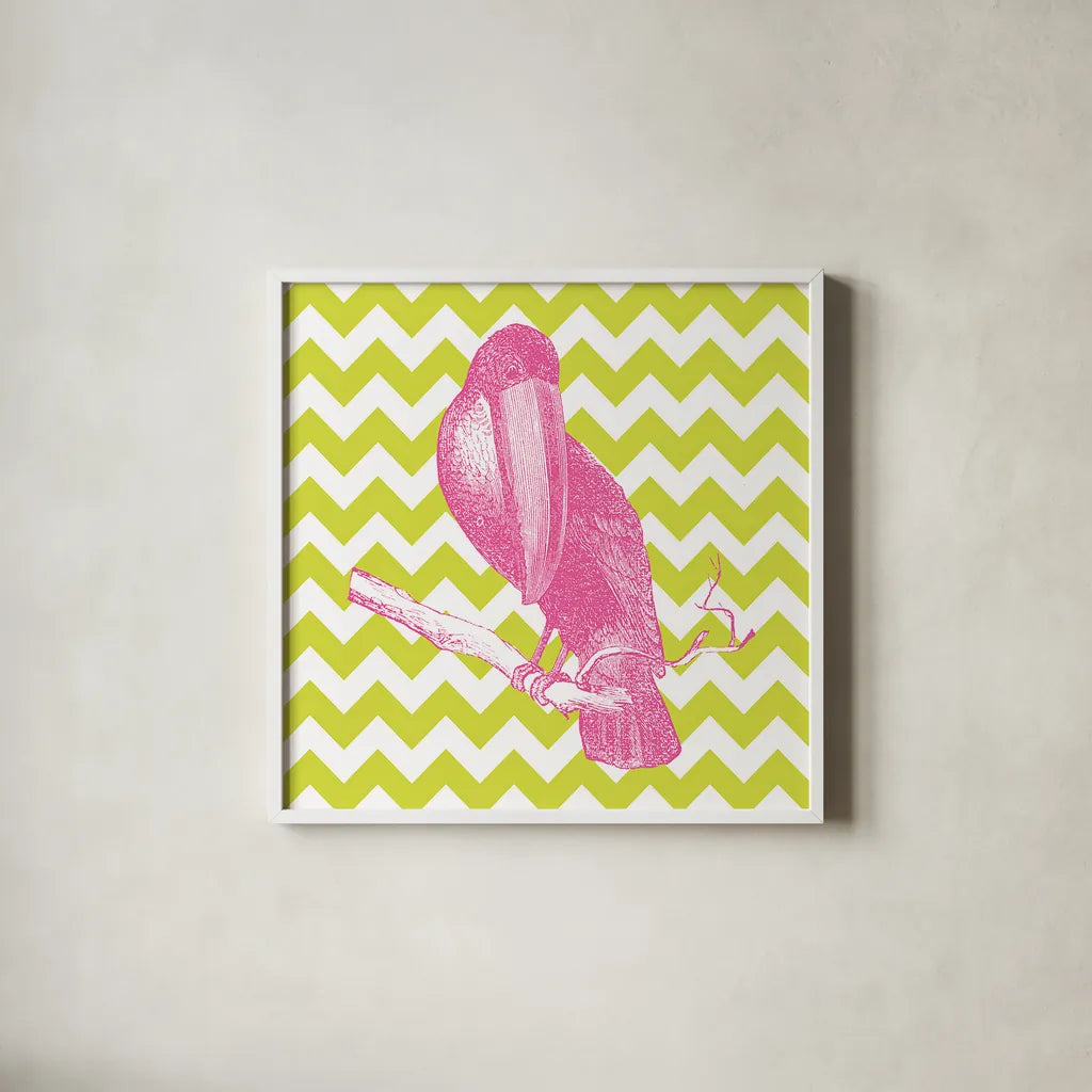 Bright Menagerie Toucan by Wild Apple Portfolio. Shown in a crisp white glass frame for a clean and minimalist style. Available as an archival giclee rolled canvas, fine art paper, or poster print. SKU 25686a.