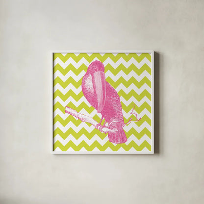 Bright Menagerie Toucan by Wild Apple Portfolio. Shown in a crisp white glass frame for a clean and minimalist style. Available as an archival giclee rolled canvas, fine art paper, or poster print. SKU 25686a.