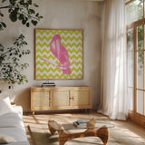 Bright Menagerie Toucan by Wild Apple Portfolio. Shown in a natural wood frame in a cozy modern living room. Available as an archival giclee rolled canvas, fine art paper, or poster print. SKU 25686a.