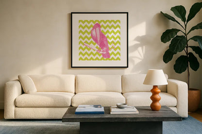 Bright Menagerie Toucan by Wild Apple Portfolio. Displayed in a glass frame with matte in a clean modern living room. Available as an archival giclee rolled canvas, fine art paper, or poster print. SKU 25686a.