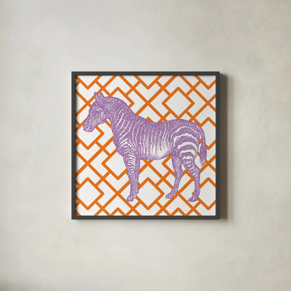 Bright Menagerie Zebra by Wild Apple Portfolio. Shown in a sleek black glass frame for a contemporary gallery look. Available as an archival giclee rolled canvas, fine art paper, or poster print. SKU 25687a.