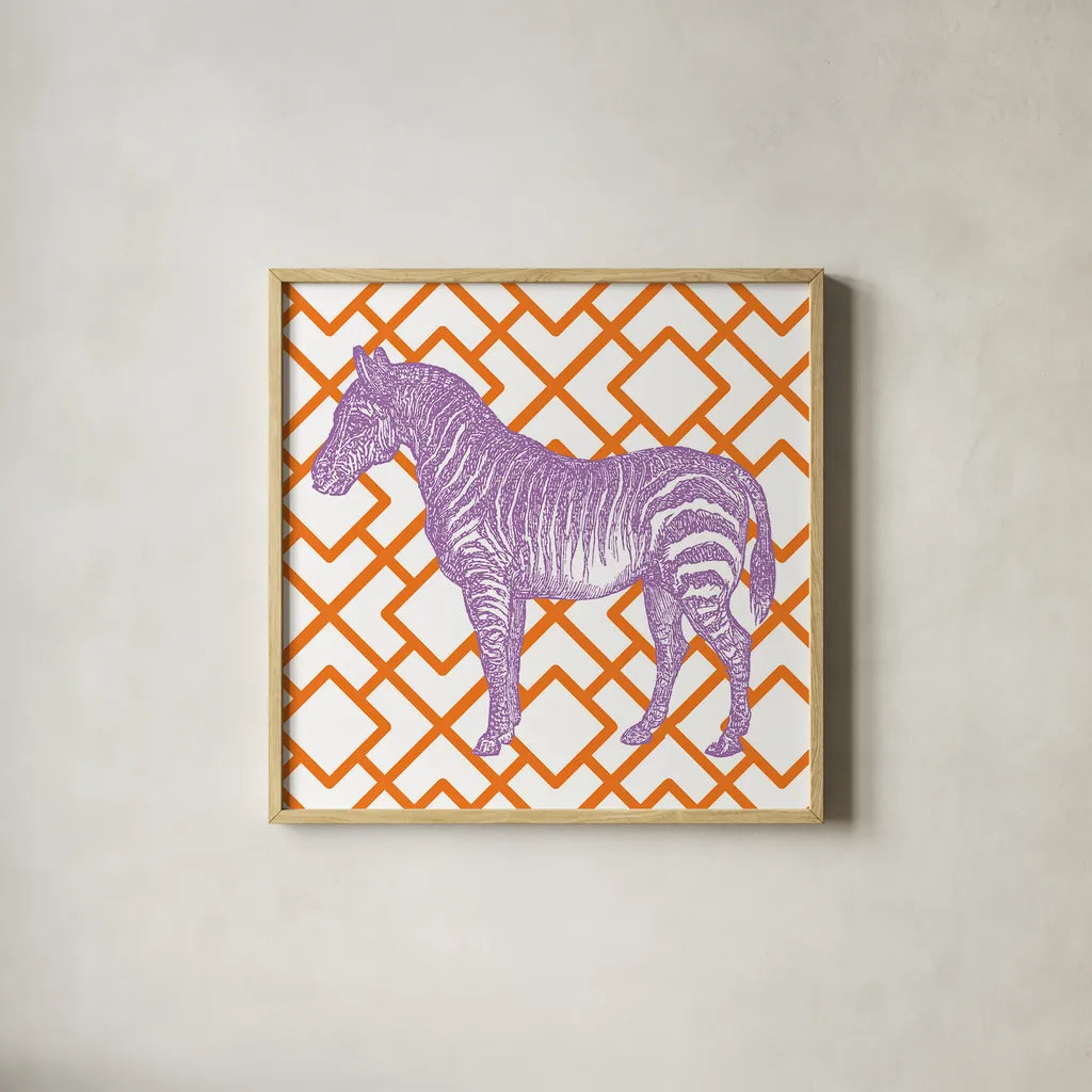 Bright Menagerie Zebra by Wild Apple Portfolio. Shown in a natural wood glass frame for a timeless modern aesthetic. Available as an archival giclee rolled canvas, fine art paper, or poster print. SKU 25687a.