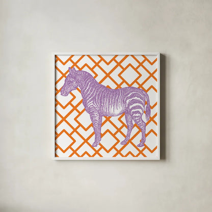 Bright Menagerie Zebra by Wild Apple Portfolio. Shown in a crisp white glass frame for a clean and minimalist style. Available as an archival giclee rolled canvas, fine art paper, or poster print. SKU 25687a.