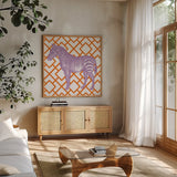 Bright Menagerie Zebra by Wild Apple Portfolio. Shown in a natural wood frame in a cozy modern living room. Available as an archival giclee rolled canvas, fine art paper, or poster print. SKU 25687a.