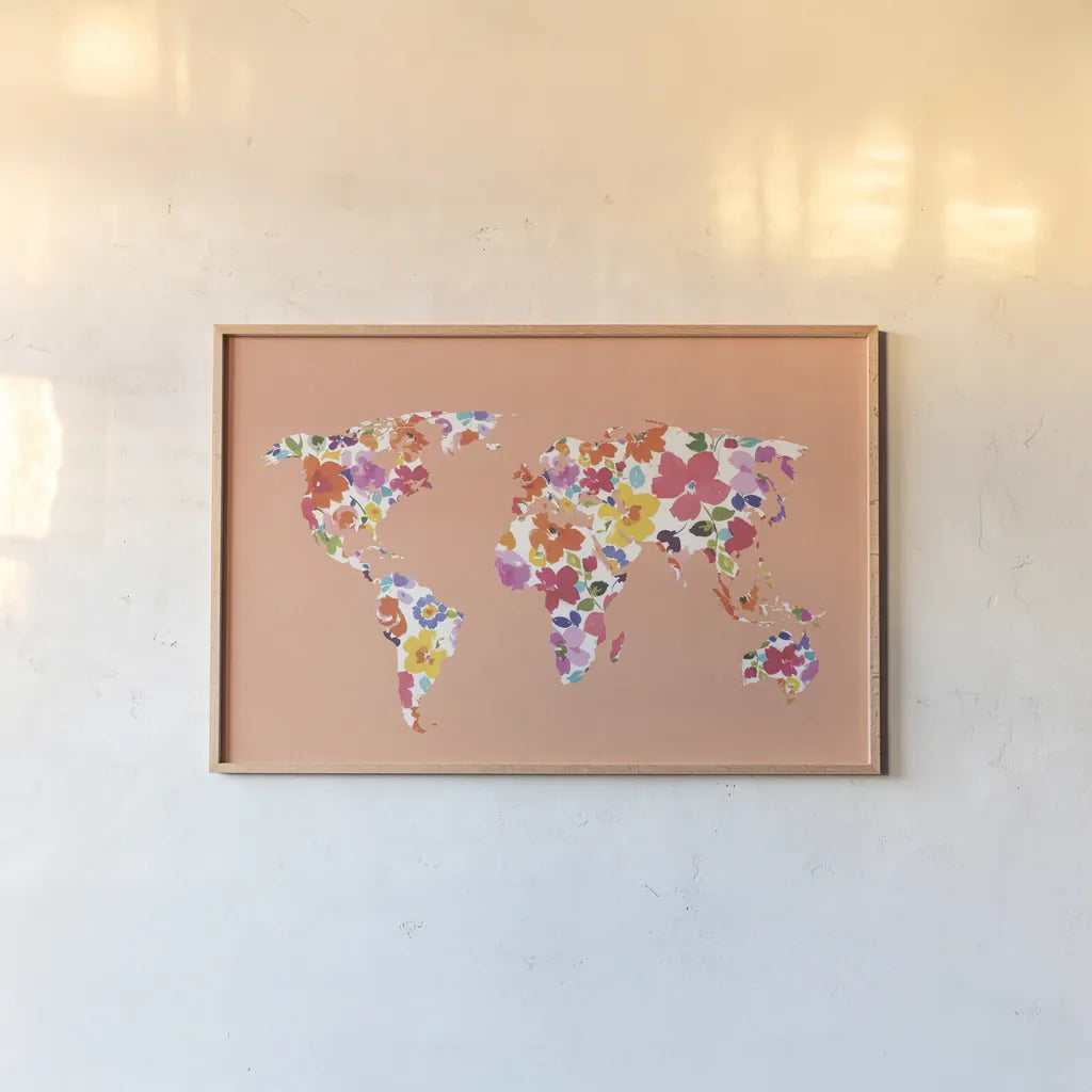 Bright World - No Words Peach by Wild Apple Portfolio. shown as a paper print in a natural frame. Available as a archival giclee rolled canvas, fine art paper, or poster print. SKU 47201i.