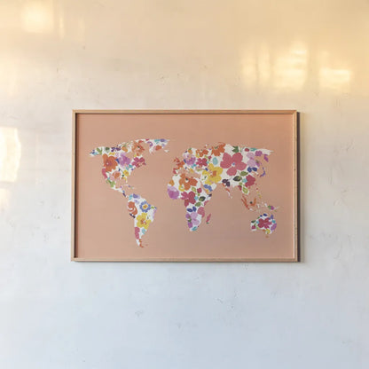 Bright World - No Words Peach by Wild Apple Portfolio. shown as a paper print in a natural frame. Available as a archival giclee rolled canvas, fine art paper, or poster print. SKU 47201i.