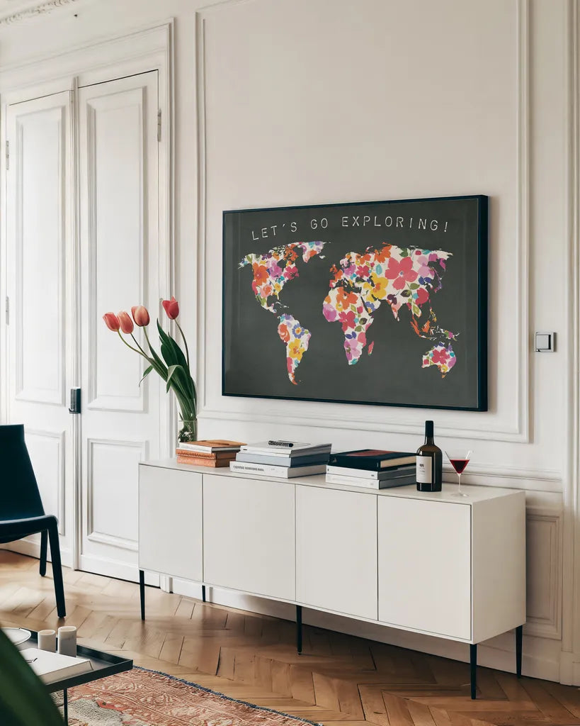 Bright World Black by Wild Apple Portfolio. shown as a framed stretched canvas in a living room above a console. Available as a archival giclee rolled canvas, fine art paper, or poster print. SKU 45665i.
