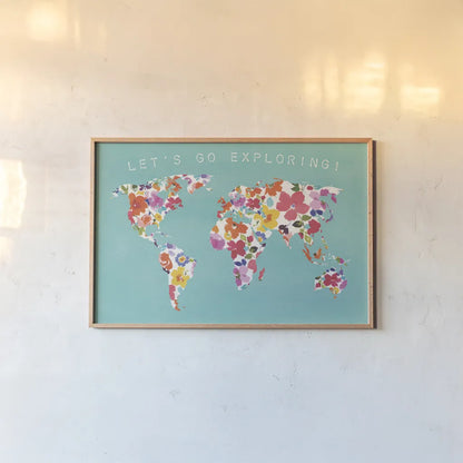Bright World Teal by Wild Apple Portfolio. shown as a paper print in a natural frame. Available as a archival giclee rolled canvas, fine art paper, or poster print. SKU 45666i.