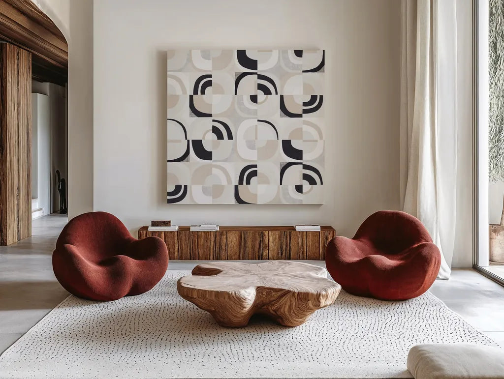 Broken Records by Wild Apple Portfolio. Shown as extra-large giant wall art in a modern living room. Available as an archival giclee rolled canvas, fine art paper, or poster print. SKU 75351a.