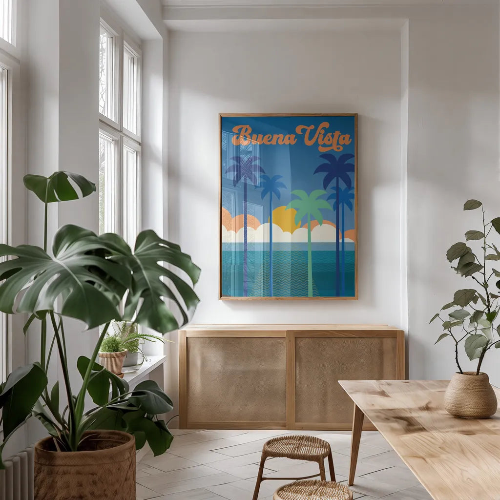 Buena Vista Clean by Wild Apple Portfolio. shown as a print in a natural wood frame in a dining room. Available as a archival giclee rolled canvas, fine art paper, or poster print. SKU 71256h.