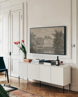 Busbridge Estate Drawing II by Wild Apple Portfolio. shown as a framed stretched canvas in a living room above a console. Available as a archival giclee rolled canvas, fine art paper, or poster print. SKU 79193i.
