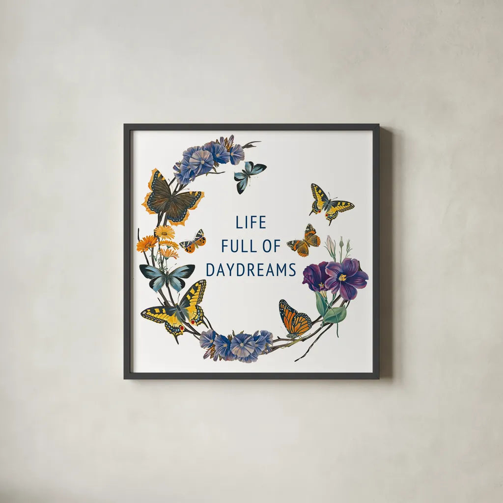 Butterfly Garden I by Wild Apple Portfolio. Shown in a sleek black glass frame for a contemporary gallery look. Available as an archival giclee rolled canvas, fine art paper, or poster print. SKU 81459a.
