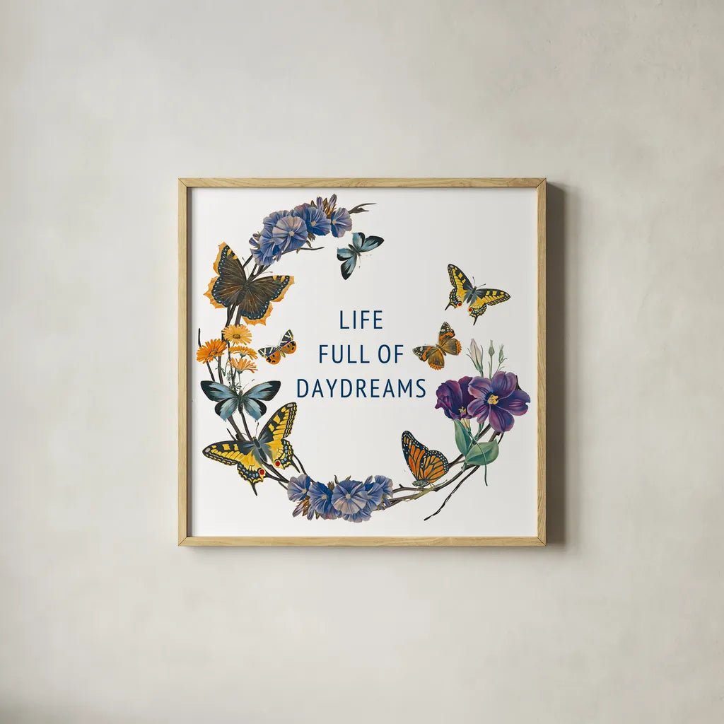 Butterfly Garden I by Wild Apple Portfolio. Shown in a natural wood glass frame for a timeless modern aesthetic. Available as an archival giclee rolled canvas, fine art paper, or poster print. SKU 81459a.