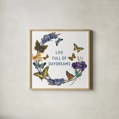 Butterfly Garden I by Wild Apple Portfolio. Shown in a natural wood glass frame for a timeless modern aesthetic. Available as an archival giclee rolled canvas, fine art paper, or poster print. SKU 81459a.