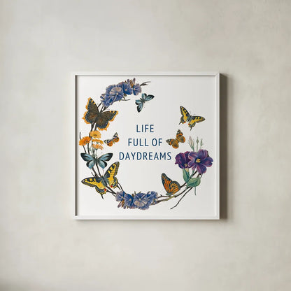 Butterfly Garden I by Wild Apple Portfolio. Shown in a crisp white glass frame for a clean and minimalist style. Available as an archival giclee rolled canvas, fine art paper, or poster print. SKU 81459a.