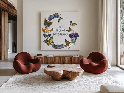 Butterfly Garden I by Wild Apple Portfolio. Shown as extra-large giant wall art in a modern living room. Available as an archival giclee rolled canvas, fine art paper, or poster print. SKU 81459a.