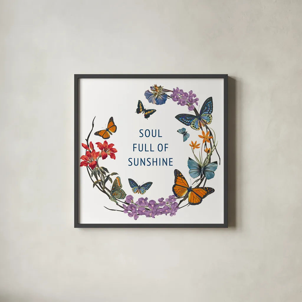 Butterfly Garden II by Wild Apple Portfolio. Shown in a sleek black glass frame for a contemporary gallery look. Available as an archival giclee rolled canvas, fine art paper, or poster print. SKU 81460a.