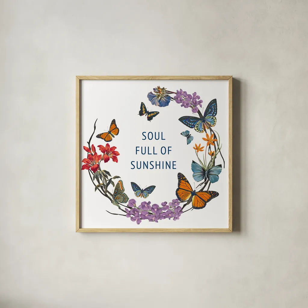 Butterfly Garden II by Wild Apple Portfolio. Shown in a natural wood glass frame for a timeless modern aesthetic. Available as an archival giclee rolled canvas, fine art paper, or poster print. SKU 81460a.