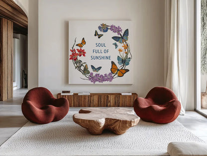 Butterfly Garden II by Wild Apple Portfolio. Shown as extra-large giant wall art in a modern living room. Available as an archival giclee rolled canvas, fine art paper, or poster print. SKU 81460a.