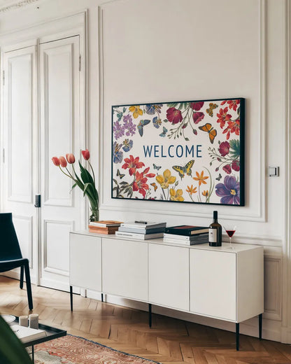 Butterfly Garden V by Wild Apple Portfolio. shown as a framed stretched canvas in a living room above a console. Available as a archival giclee rolled canvas, fine art paper, or poster print. SKU 81463i.