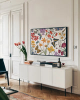 Butterfly Garden VI by Wild Apple Portfolio. shown as a framed stretched canvas in a living room above a console. Available as a archival giclee rolled canvas, fine art paper, or poster print. SKU 81464i.
