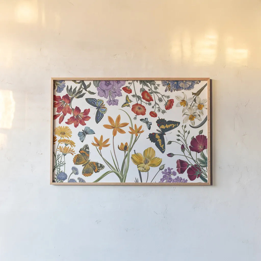 Butterfly Garden VI by Wild Apple Portfolio. shown as a paper print in a natural frame. Available as a archival giclee rolled canvas, fine art paper, or poster print. SKU 81464i.