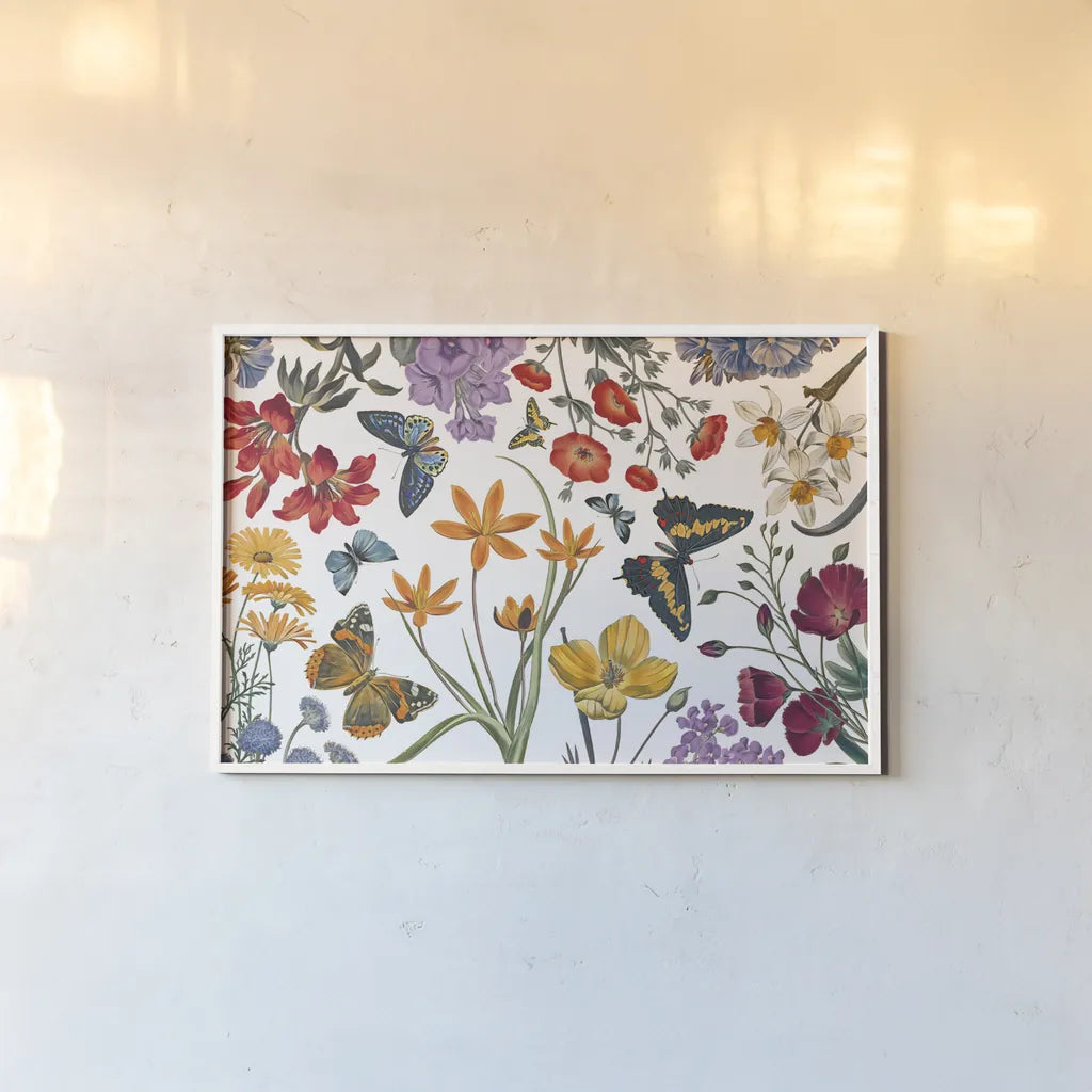 Butterfly Garden VI by Wild Apple Portfolio. shown as a paper print in a white frame. Available as a archival giclee rolled canvas, fine art paper, or poster print. SKU 81464i.