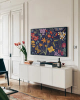 Butterfly Garden VI Dark by Wild Apple Portfolio. shown as a framed stretched canvas in a living room above a console. Available as a archival giclee rolled canvas, fine art paper, or poster print. SKU 81468i.