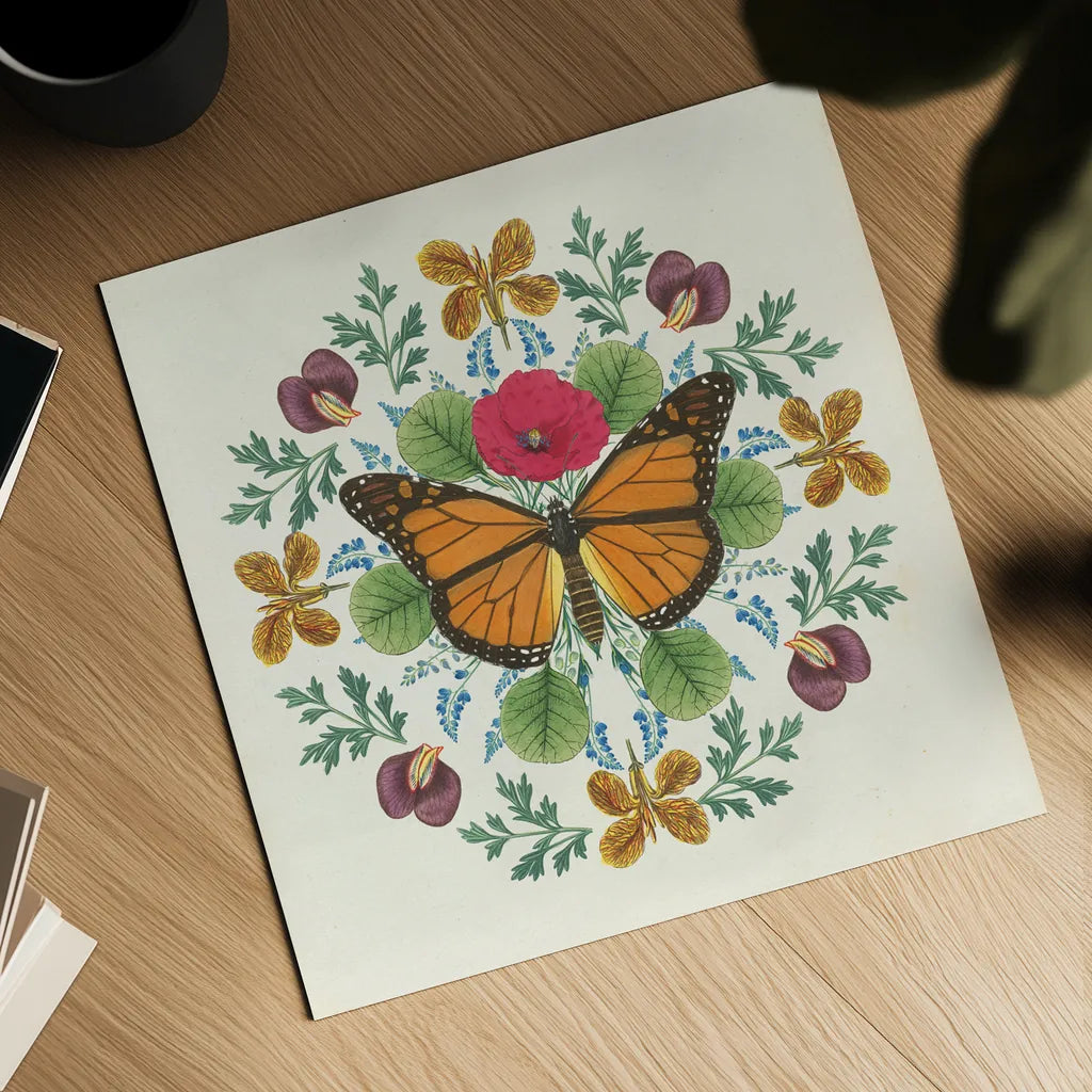 Butterfly Mandala I by Wild Apple Portfolio. Shown as a detailed flat fine art print, highlighting archival giclee quality. Available as an archival giclee rolled canvas, fine art paper, or poster print. SKU 34402a.