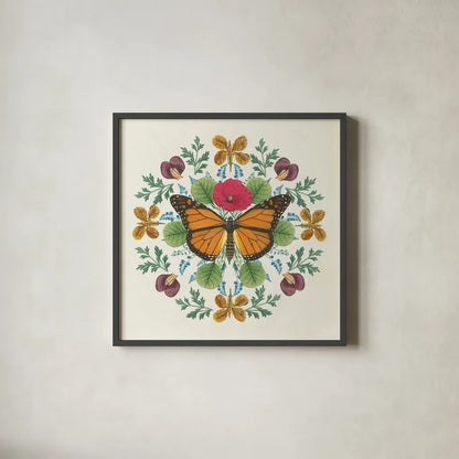 Butterfly Mandala I by Wild Apple Portfolio. Shown in a sleek black glass frame for a contemporary gallery look. Available as an archival giclee rolled canvas, fine art paper, or poster print. SKU 34402a.